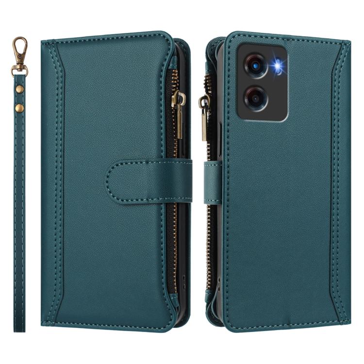 For Motorola Moto G05 / E15 Magnetic Closure 9 Card Slots Zipper Leather Case with Hand Strap