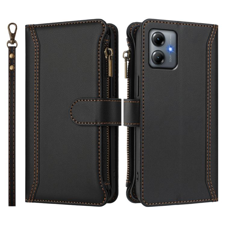 For Motorola Moto G14 4G / G54 Brazil Magnetic Closure 9 Card Slots Zipper Leather Case with Hand Strap