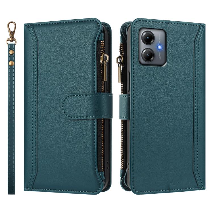 For Motorola Moto G14 4G / G54 Brazil Magnetic Closure 9 Card Slots Zipper Leather Case with Hand Strap