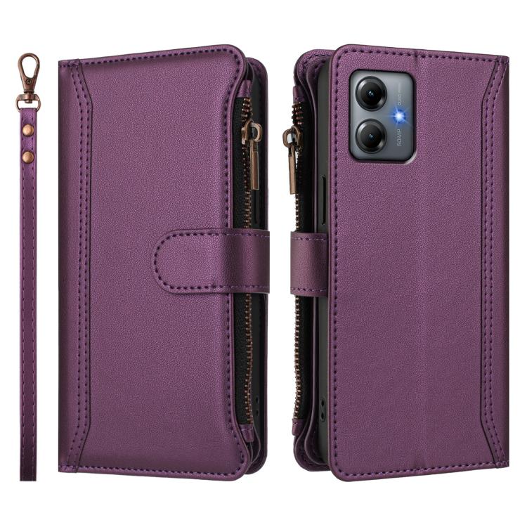 For Motorola Moto G14 4G / G54 Brazil Magnetic Closure 9 Card Slots Zipper Leather Case with Hand Strap
