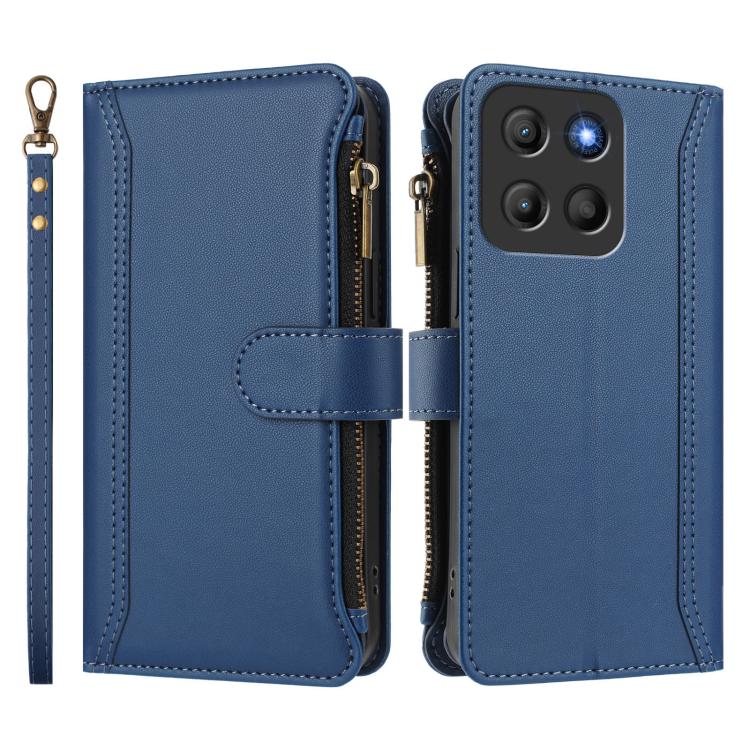 For Motorola Moto G15 Power / G15 Magnetic Closure 9 Card Slots Zipper Leather Case with Hand Strap
