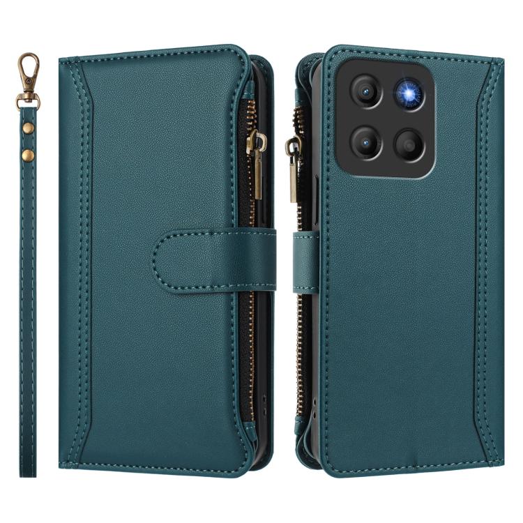 For Motorola Moto G15 Power / G15 Magnetic Closure 9 Card Slots Zipper Leather Case with Hand Strap