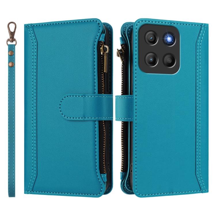 For Motorola Moto G15 Power / G15 Magnetic Closure 9 Card Slots Zipper Leather Case with Hand Strap