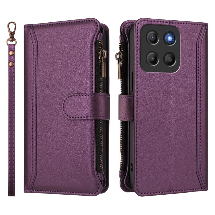 For Motorola Moto G15 Power / G15 Magnetic Closure 9 Card Slots Zipper Leather Case with Hand Strap