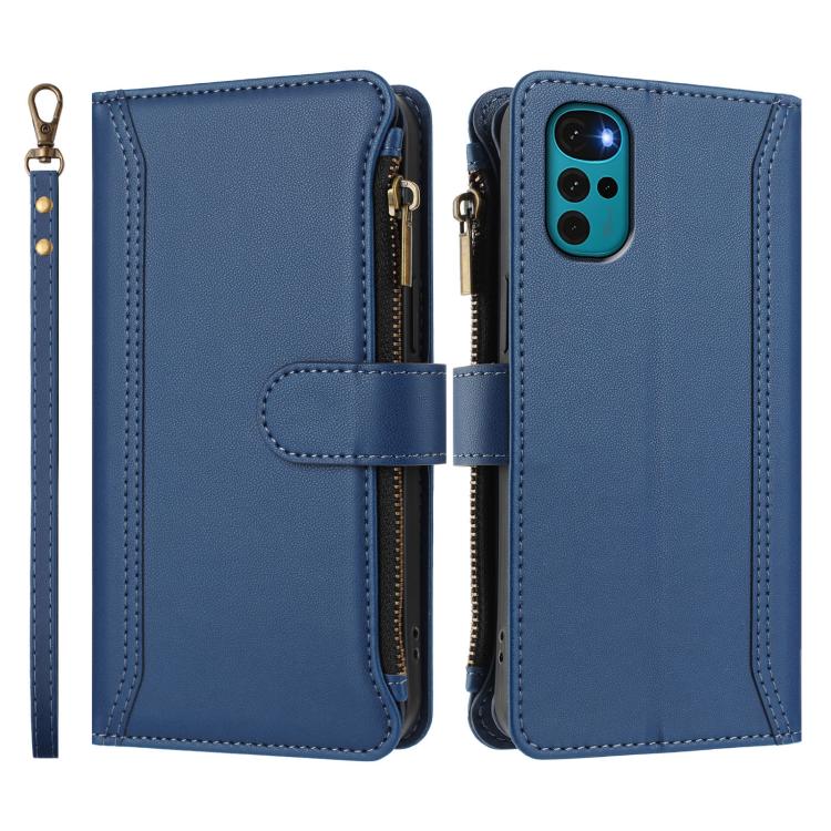 For Motorola Moto G22 4G / E32S Magnetic Closure 9 Card Slots Zipper Leather Case with Hand Strap