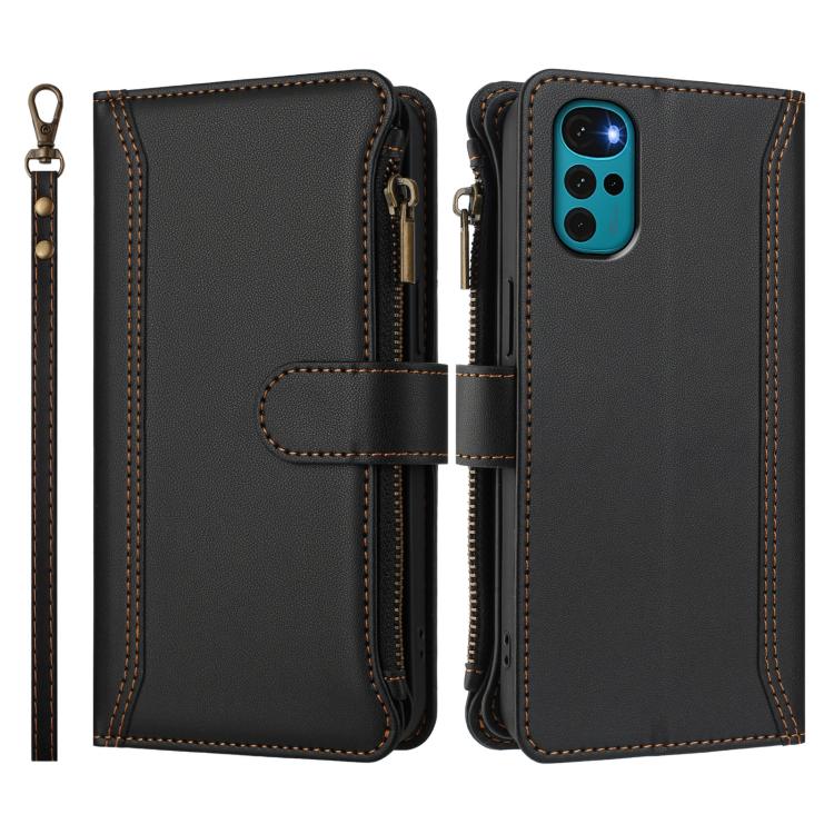 For Motorola Moto G22 4G / E32S Magnetic Closure 9 Card Slots Zipper Leather Case with Hand Strap