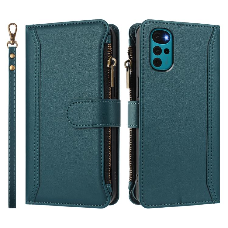 For Motorola Moto G22 4G / E32S Magnetic Closure 9 Card Slots Zipper Leather Case with Hand Strap