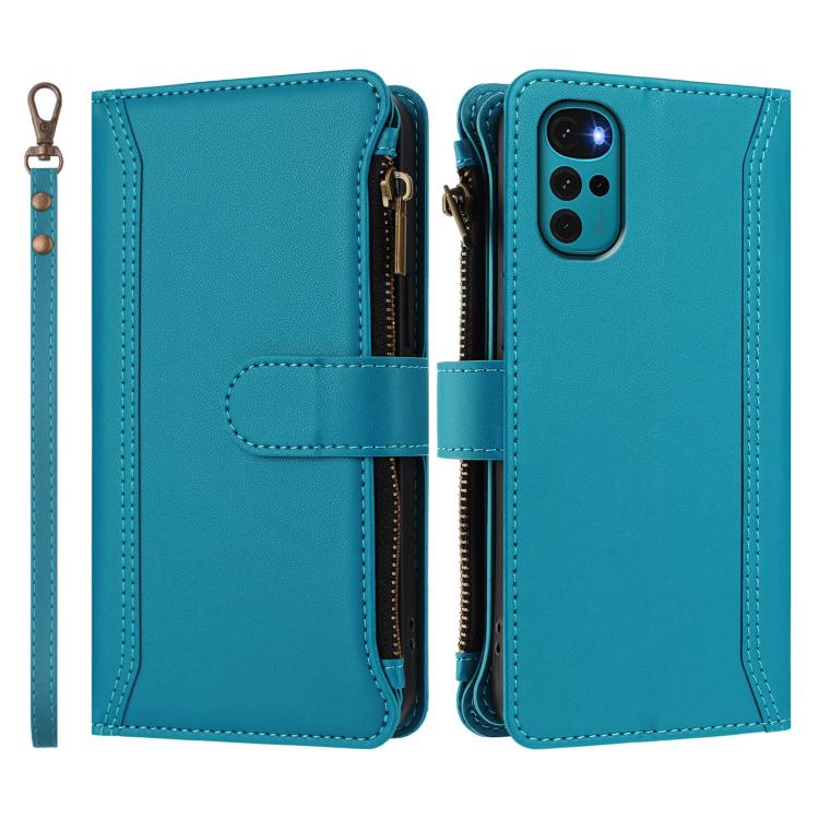 For Motorola Moto G22 4G / E32S Magnetic Closure 9 Card Slots Zipper Leather Case with Hand Strap