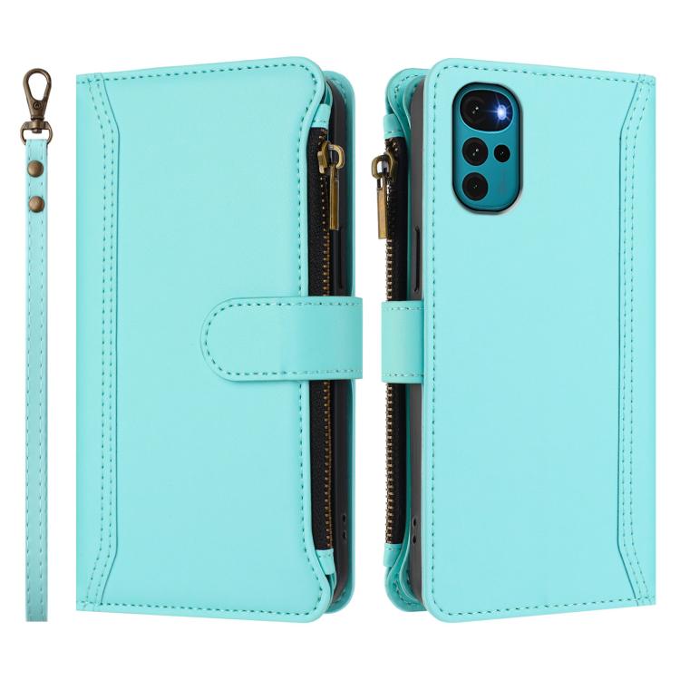 For Motorola Moto G22 4G / E32S Magnetic Closure 9 Card Slots Zipper Leather Case with Hand Strap