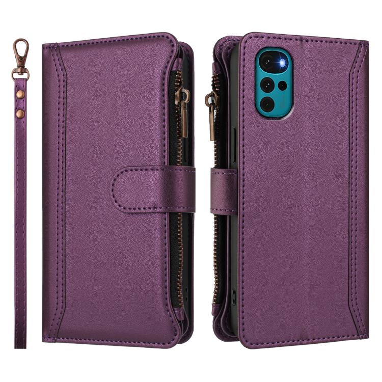 For Motorola Moto G22 4G / E32S Magnetic Closure 9 Card Slots Zipper Leather Case with Hand Strap