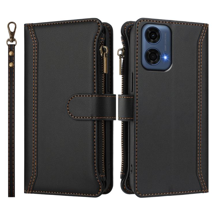 For Motorola Moto G24 Power 4G India Magnetic Closure 9 Card Slots Zipper Leather Case with Hand Strap