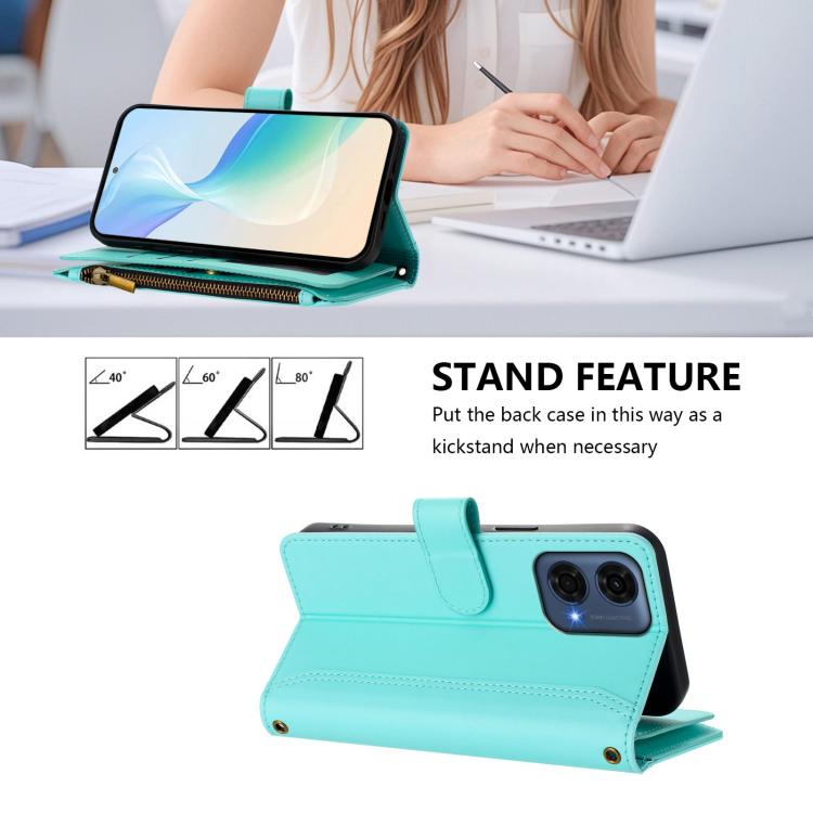 For Motorola Moto G24 Power 4G India Magnetic Closure 9 Card Slots Zipper Leather Case with Hand Strap