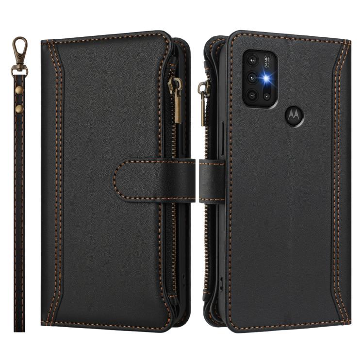 For Motorola Moto G30 / G10 / G20 Magnetic Closure 9 Card Slots Zipper Leather Case with Hand Strap