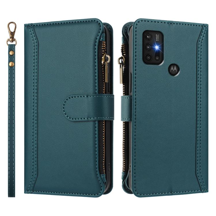 For Motorola Moto G30 / G10 / G20 Magnetic Closure 9 Card Slots Zipper Leather Case with Hand Strap