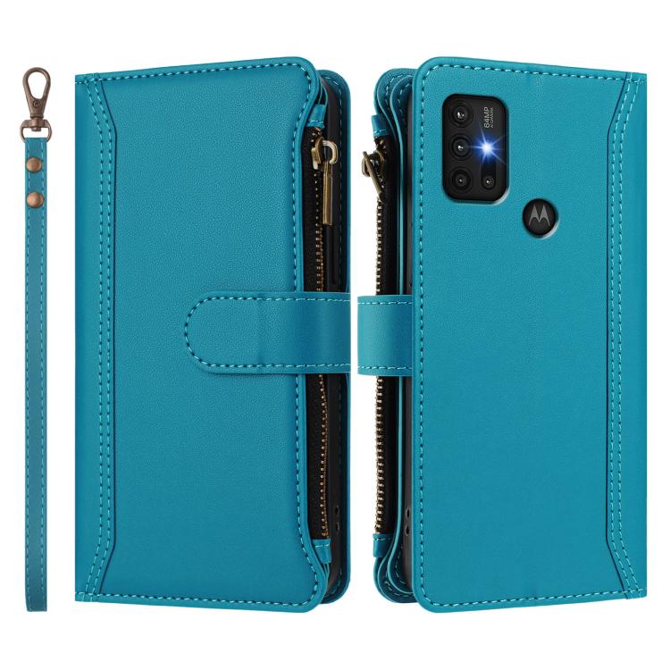For Motorola Moto G30 / G10 / G20 Magnetic Closure 9 Card Slots Zipper Leather Case with Hand Strap