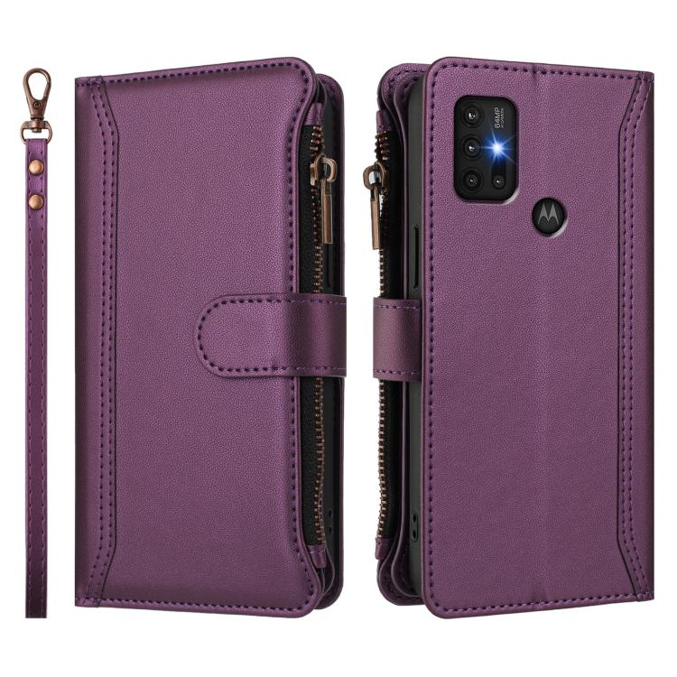 For Motorola Moto G30 / G10 / G20 Magnetic Closure 9 Card Slots Zipper Leather Case with Hand Strap