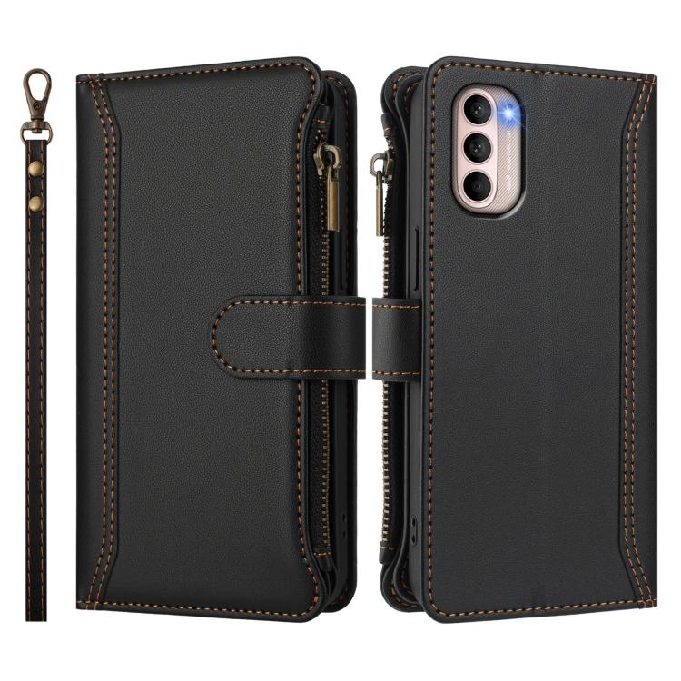 For Motorola Moto G31 4G Global Magnetic Closure 9 Card Slots Zipper Leather Case with Hand Strap