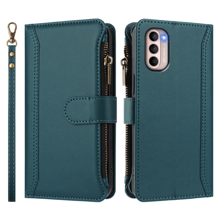 For Motorola Moto G31 4G Global Magnetic Closure 9 Card Slots Zipper Leather Case with Hand Strap