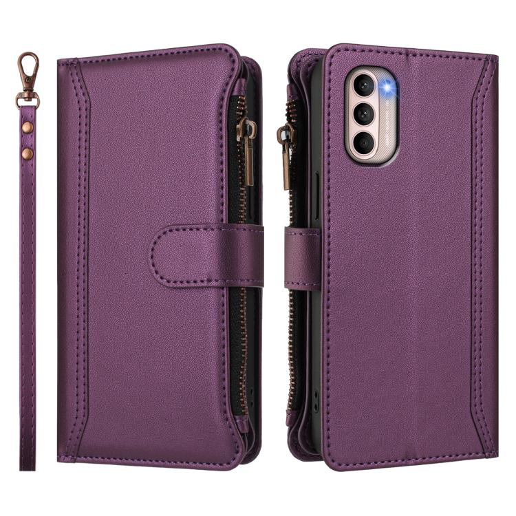 For Motorola Moto G31 4G Global Magnetic Closure 9 Card Slots Zipper Leather Case with Hand Strap