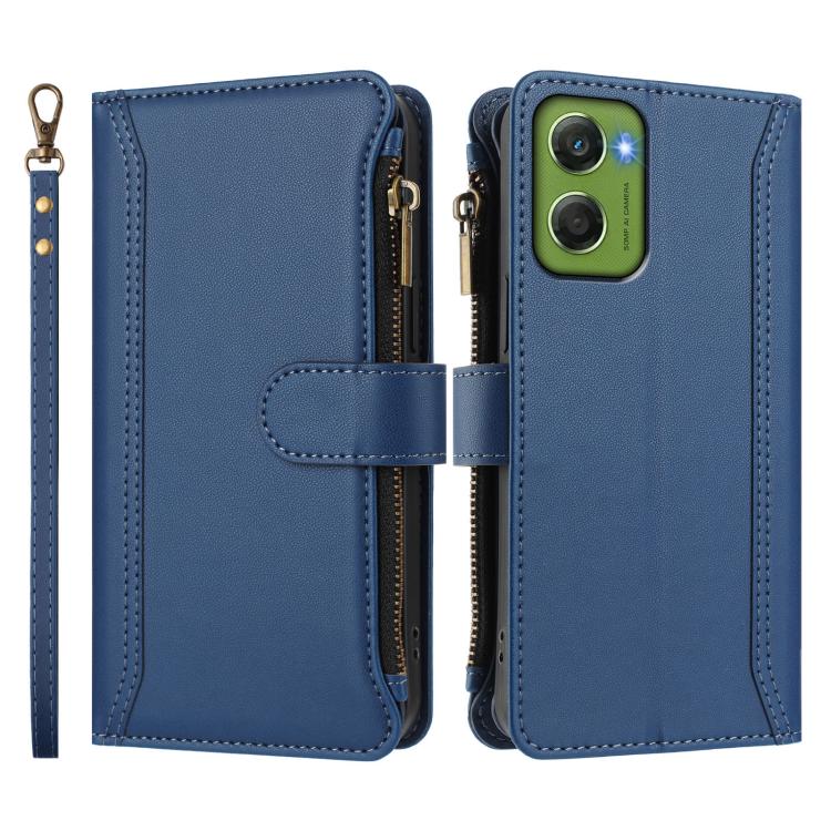 For Motorola Moto G06 4G Magnetic Closure 9 Card Slots Zipper Leather Case with Hand Strap