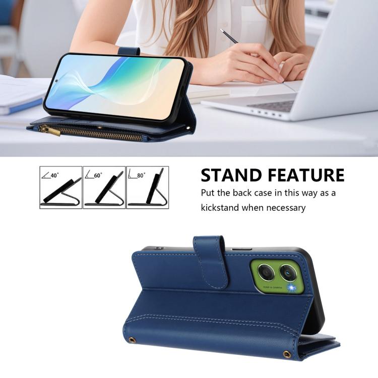 For Motorola Moto G06 4G Magnetic Closure 9 Card Slots Zipper Leather Case with Hand Strap