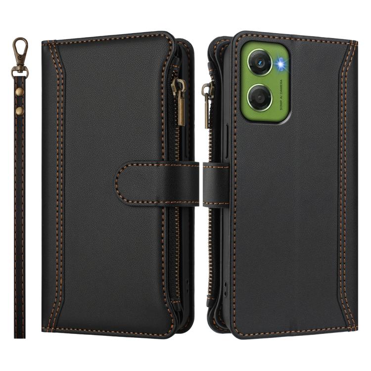 For Motorola Moto G06 4G Magnetic Closure 9 Card Slots Zipper Leather Case with Hand Strap