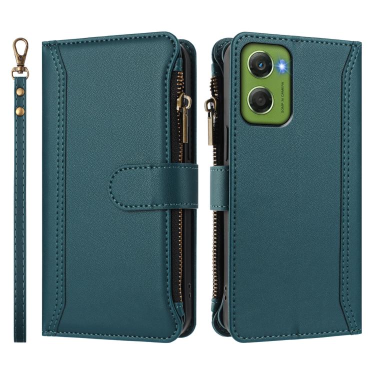 For Motorola Moto G06 4G Magnetic Closure 9 Card Slots Zipper Leather Case with Hand Strap