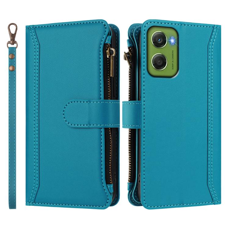 For Motorola Moto G06 4G Magnetic Closure 9 Card Slots Zipper Leather Case with Hand Strap