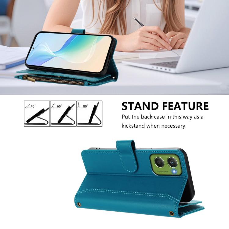 For Motorola Moto G06 4G Magnetic Closure 9 Card Slots Zipper Leather Case with Hand Strap