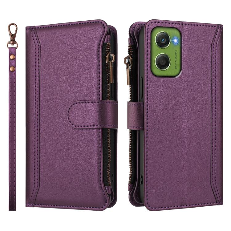 For Motorola Moto G06 4G Magnetic Closure 9 Card Slots Zipper Leather Case with Hand Strap