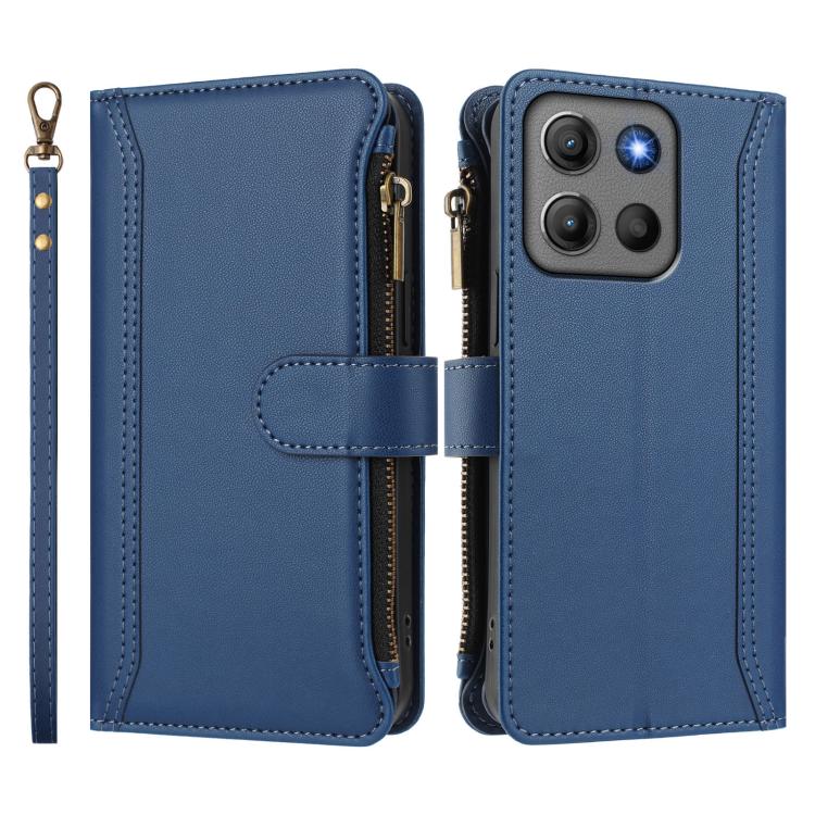 For Motorola Moto G17 4G/G17 Power 4G Magnetic Closure 9 Card Slots Zipper Leather Case with Hand Strap