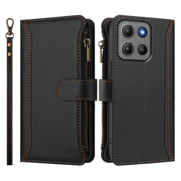 For Motorola Moto G17 4G/G17 Power 4G Magnetic Closure 9 Card Slots Zipper Leather Case with Hand Strap