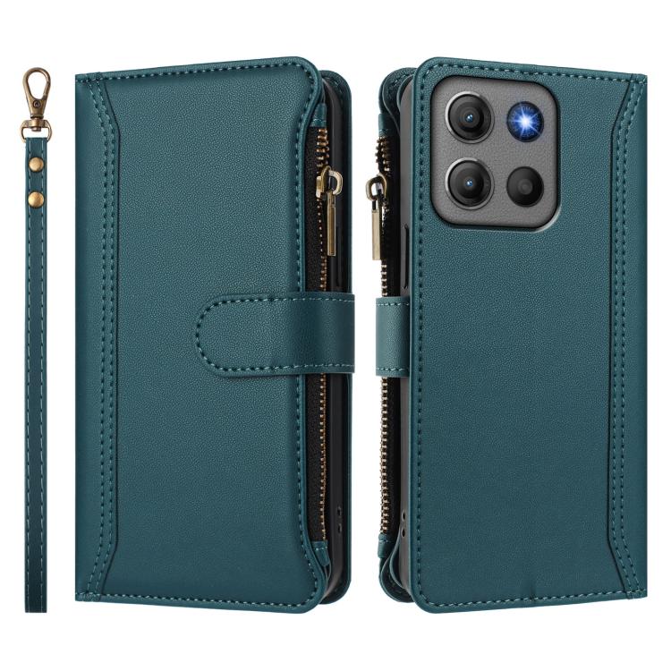 For Motorola Moto G17 4G/G17 Power 4G Magnetic Closure 9 Card Slots Zipper Leather Case with Hand Strap
