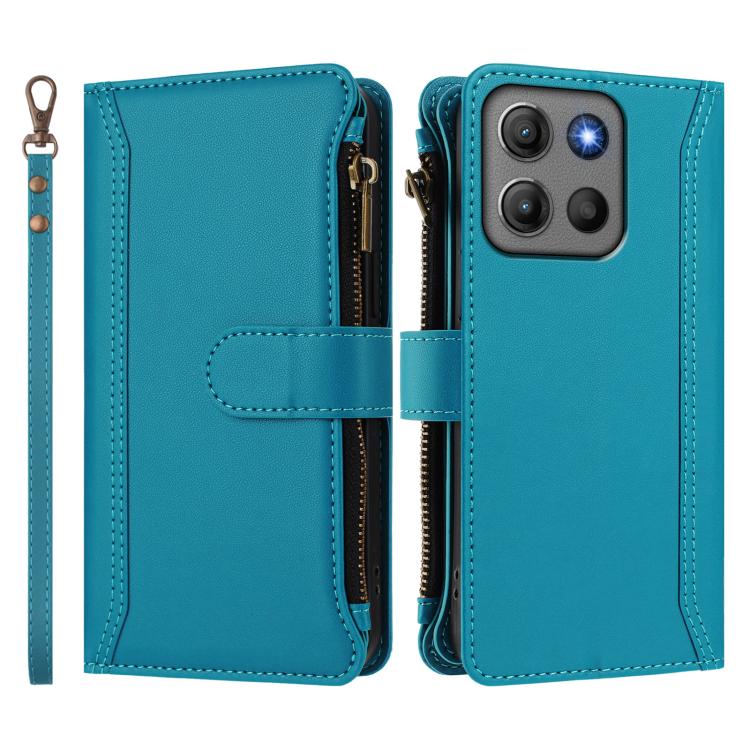 For Motorola Moto G17 4G/G17 Power 4G Magnetic Closure 9 Card Slots Zipper Leather Case with Hand Strap