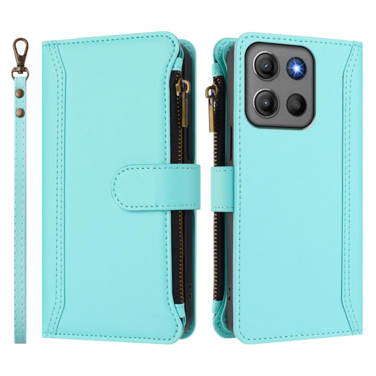 For Motorola Moto G17 4G/G17 Power 4G Magnetic Closure 9 Card Slots Zipper Leather Case with Hand Strap