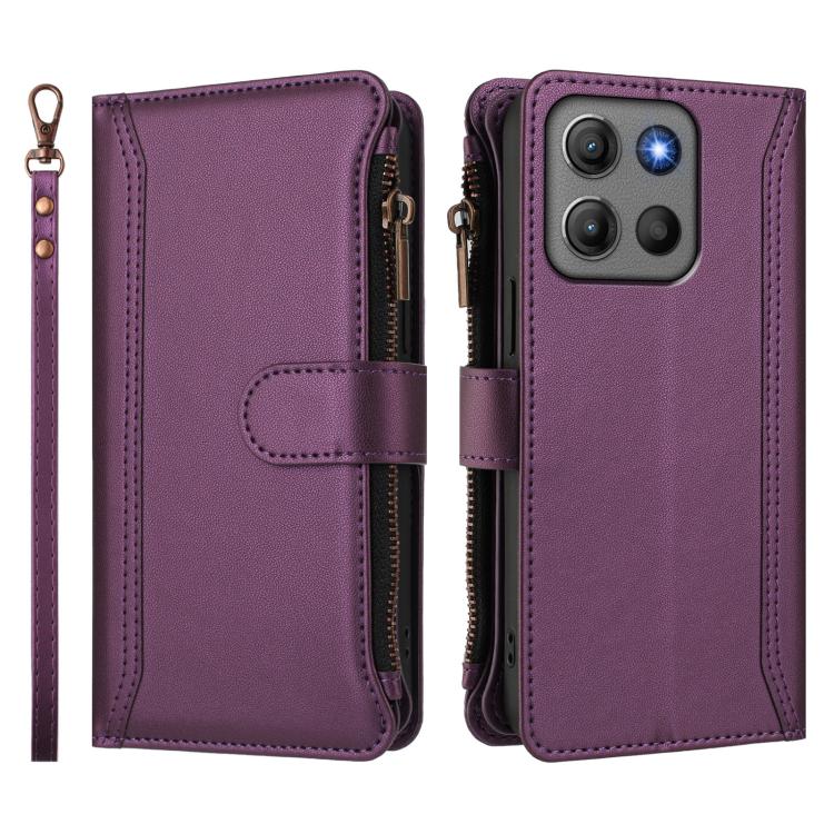 For Motorola Moto G17 4G/G17 Power 4G Magnetic Closure 9 Card Slots Zipper Leather Case with Hand Strap