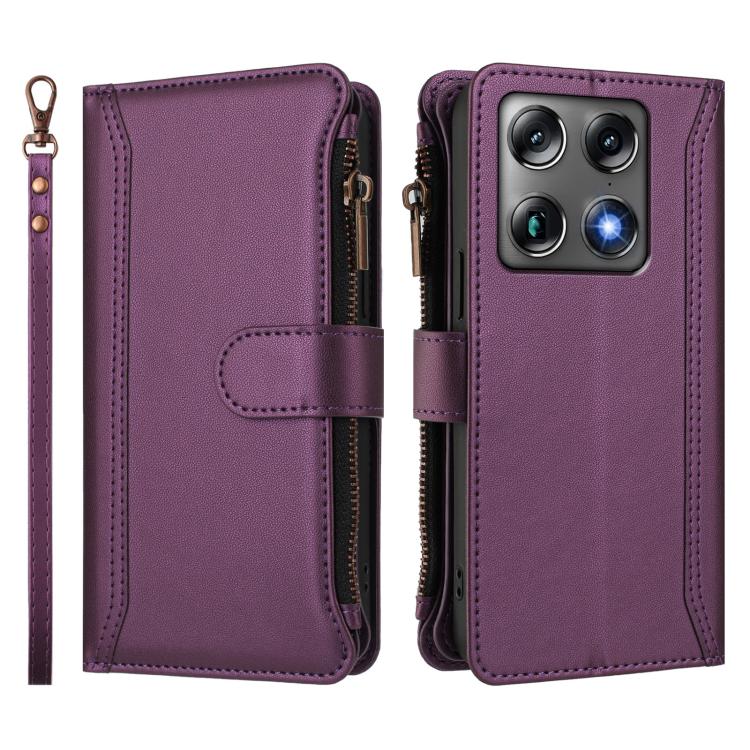 For Motorola Moto X70 Air Pro 5G Magnetic Closure 9 Card Slots Zipper Leather Case with Hand Strap