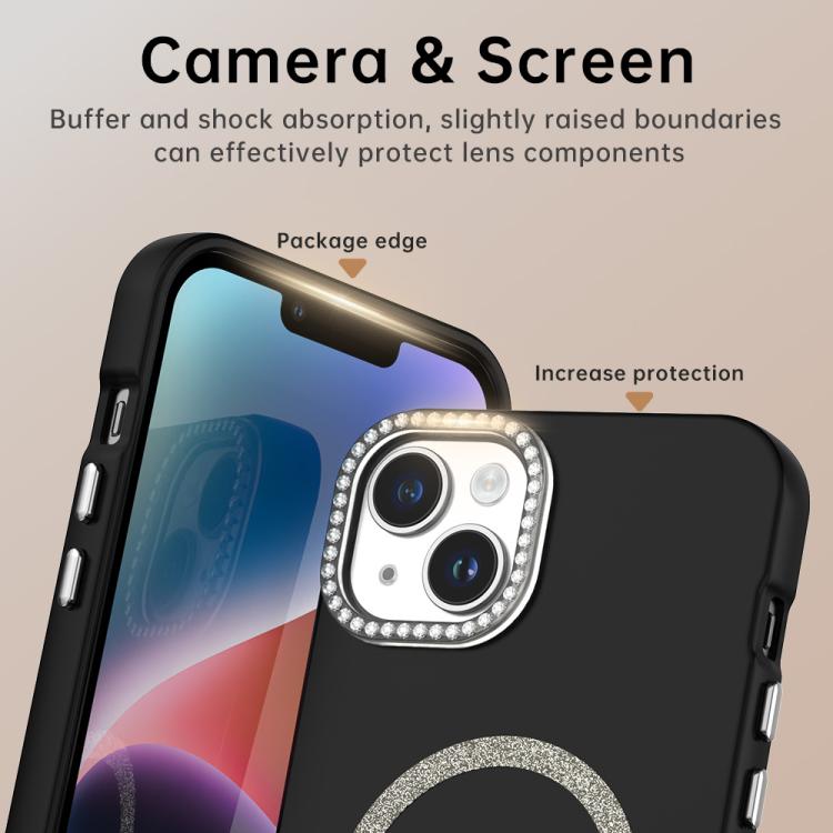 For iPhone 15 Plus Glitter Rhinestones Series Magsafe PC Hybrid TPU Phone Case