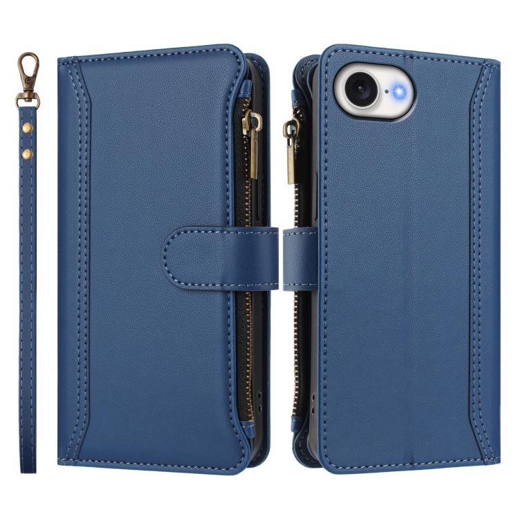 For iPhone 17e / 16e Magnetic Closure 9 Card Slots Zipper Leather Case with Hand Strap