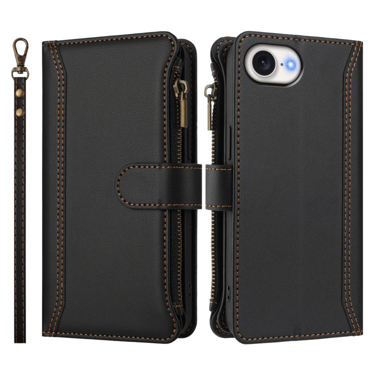 For iPhone 17e / 16e Magnetic Closure 9 Card Slots Zipper Leather Case with Hand Strap