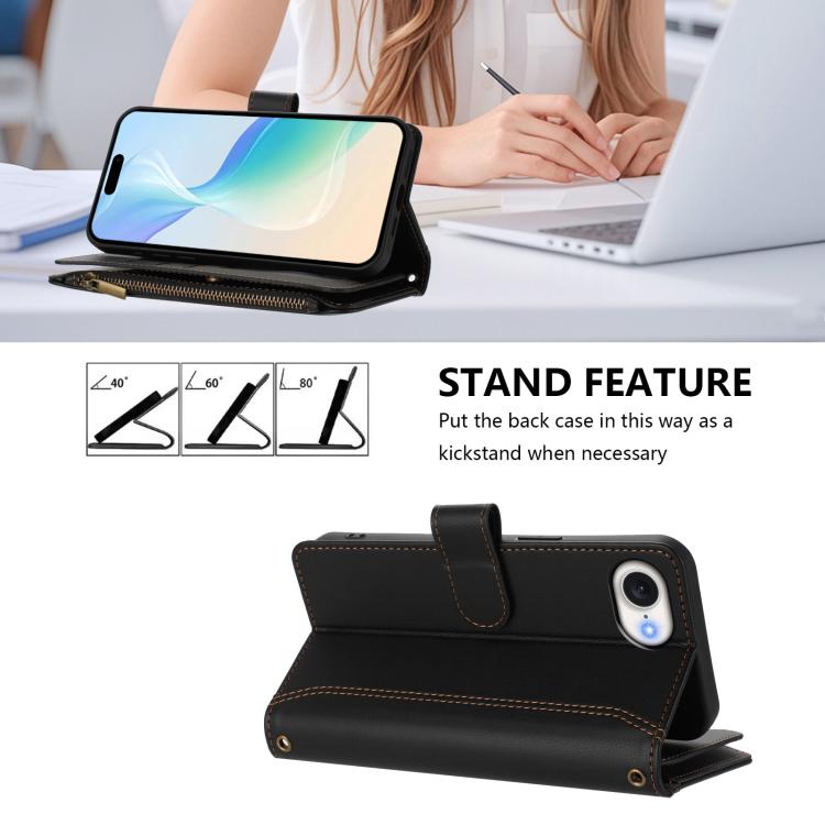 For iPhone 17e / 16e Magnetic Closure 9 Card Slots Zipper Leather Case with Hand Strap