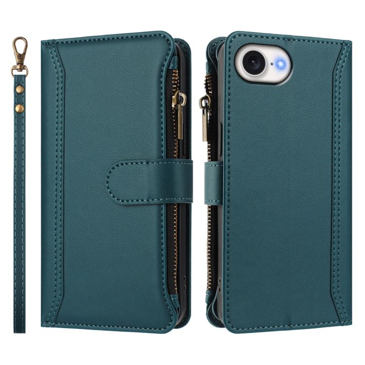 For iPhone 17e / 16e Magnetic Closure 9 Card Slots Zipper Leather Case with Hand Strap