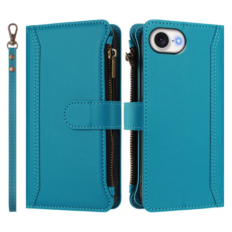 For iPhone 17e / 16e Magnetic Closure 9 Card Slots Zipper Leather Case with Hand Strap
