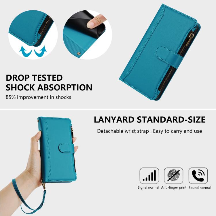 For iPhone 17e / 16e Magnetic Closure 9 Card Slots Zipper Leather Case with Hand Strap