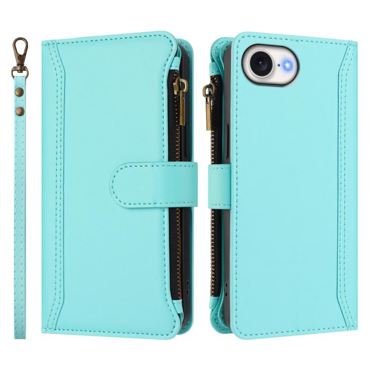 For iPhone 17e / 16e Magnetic Closure 9 Card Slots Zipper Leather Case with Hand Strap