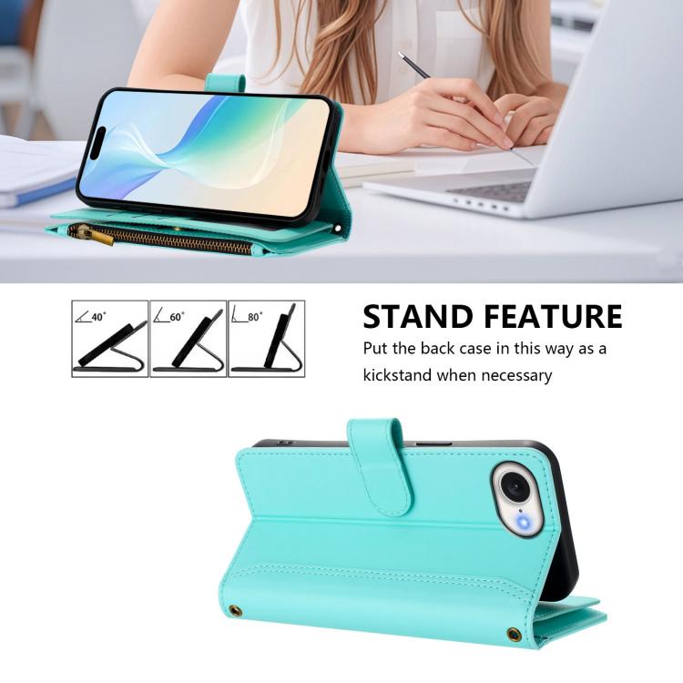 For iPhone 17e / 16e Magnetic Closure 9 Card Slots Zipper Leather Case with Hand Strap