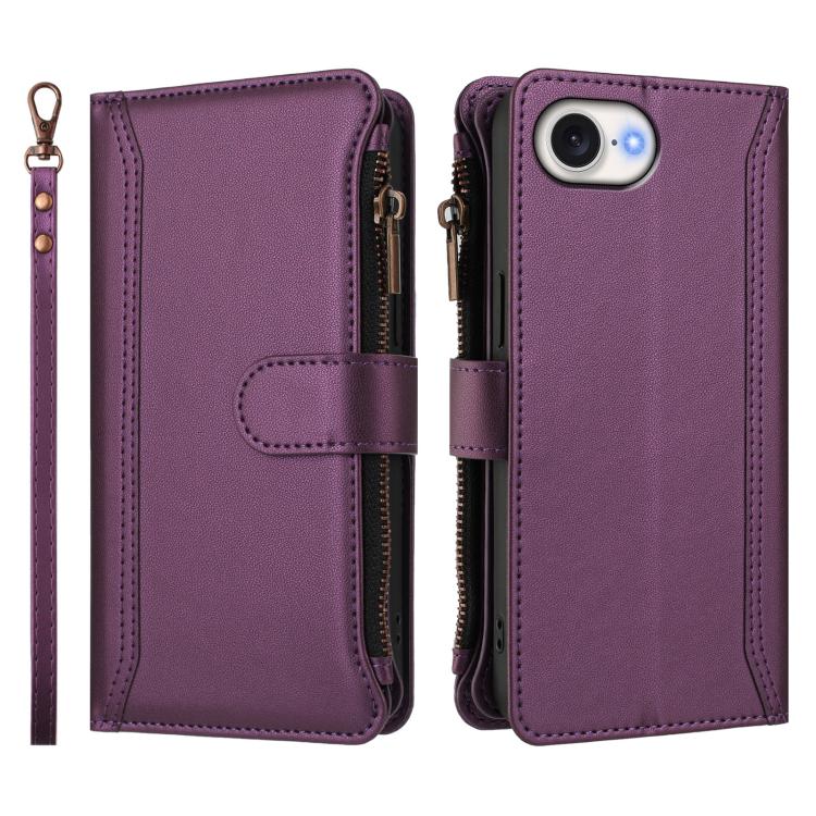 For iPhone 17e / 16e Magnetic Closure 9 Card Slots Zipper Leather Case with Hand Strap