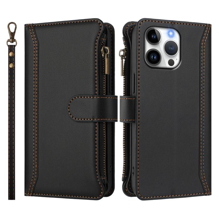 For iPhone 16 Pro Max Magnetic Closure 9 Card Slots Zipper Leather Case with Hand Strap