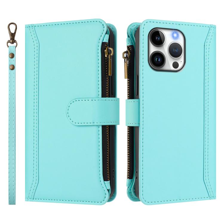 For iPhone 16 Pro Max Magnetic Closure 9 Card Slots Zipper Leather Case with Hand Strap