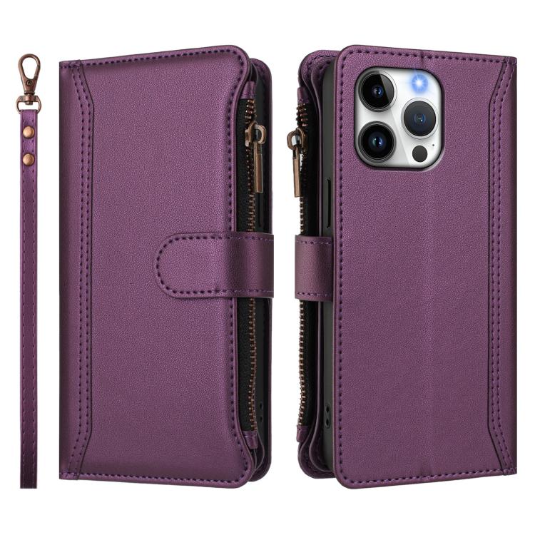 For iPhone 16 Pro Max Magnetic Closure 9 Card Slots Zipper Leather Case with Hand Strap